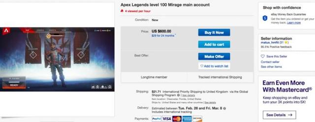 Les Gens Essaient Deja De Vendre Leurs Comptes Apex Legends Pour Des - credit ebay matus hmftt