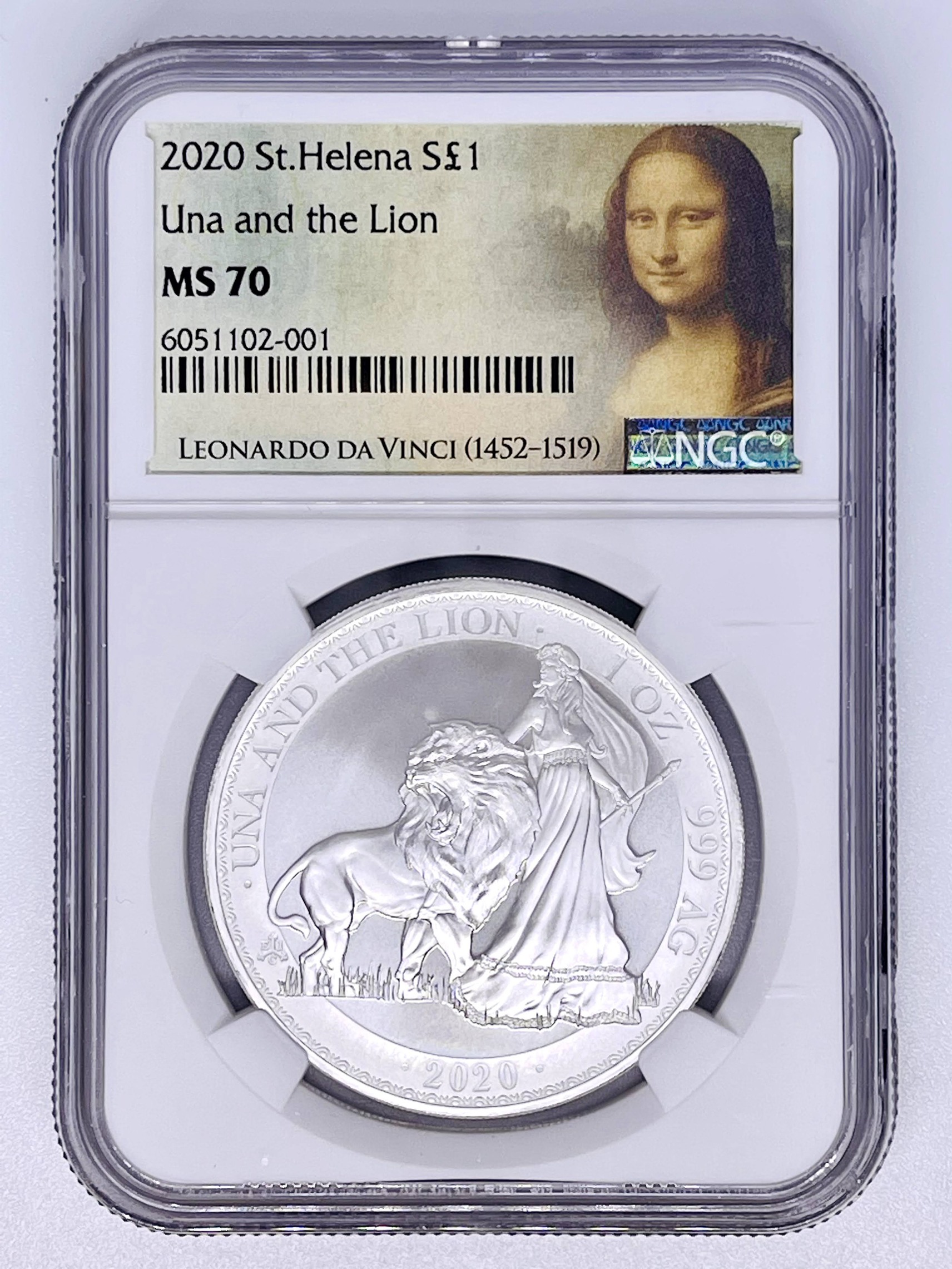 2020 セントヘレナ ウナライオン 1oz £1 銀貨 NGC MS70 - 旧貨幣/金貨